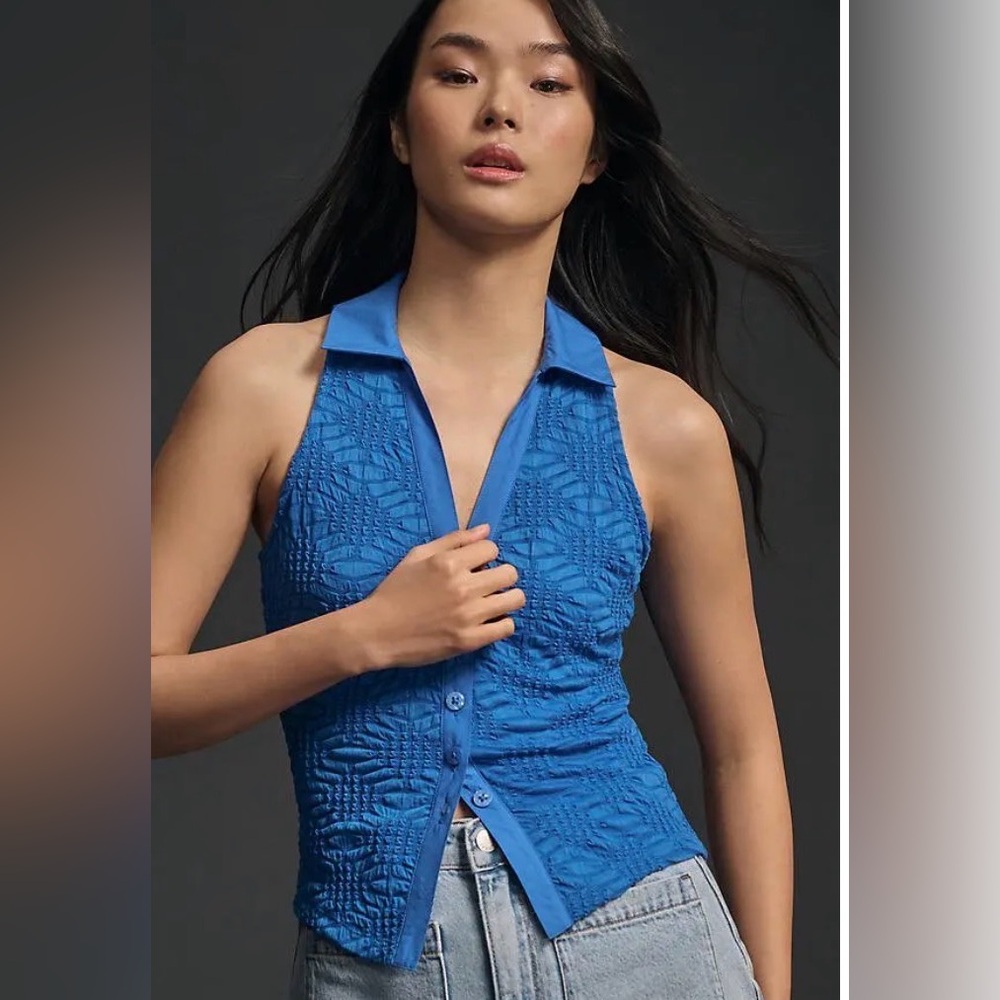 Maeve Vibrant Blue Ruched Button Front Lace Halter Top Size Medium